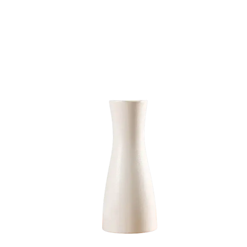 A sleek modern white ceramic vase with a minimalist design featuring a slender neck and flared base for floral decor