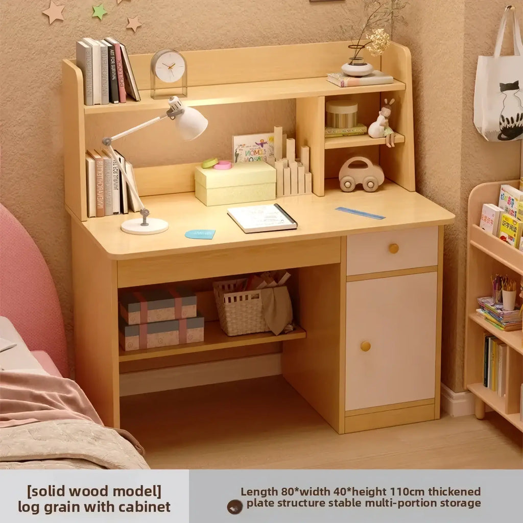 Modern wood student computer desk in light wood grain with integrated shelves drawers and cabinet for organized storage