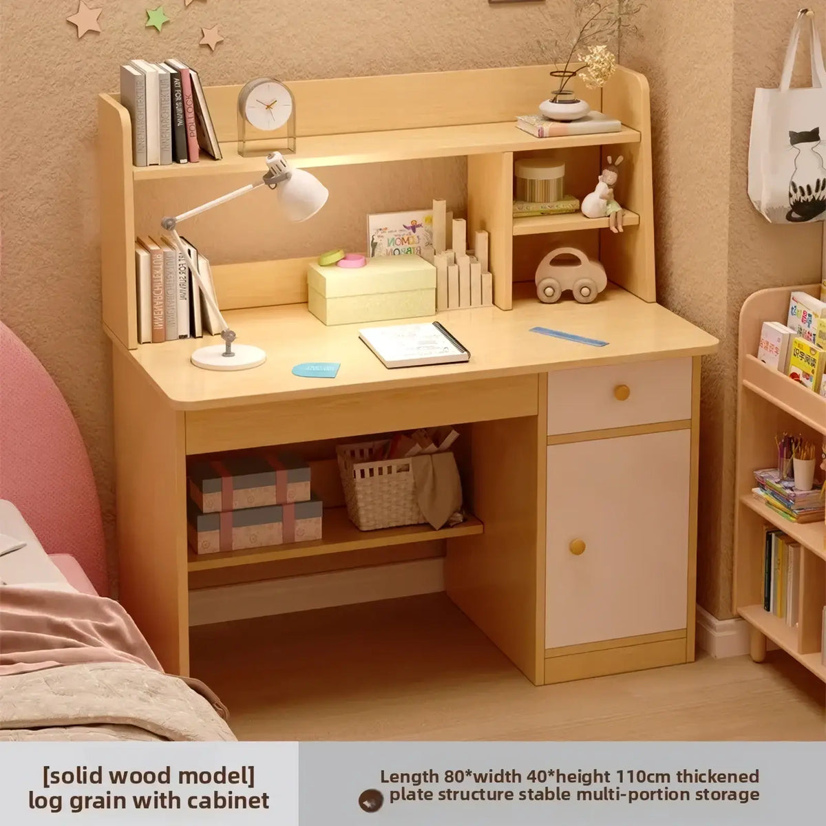 Modern wood student computer desk in light wood grain with integrated shelves drawers and cabinet for organized storage