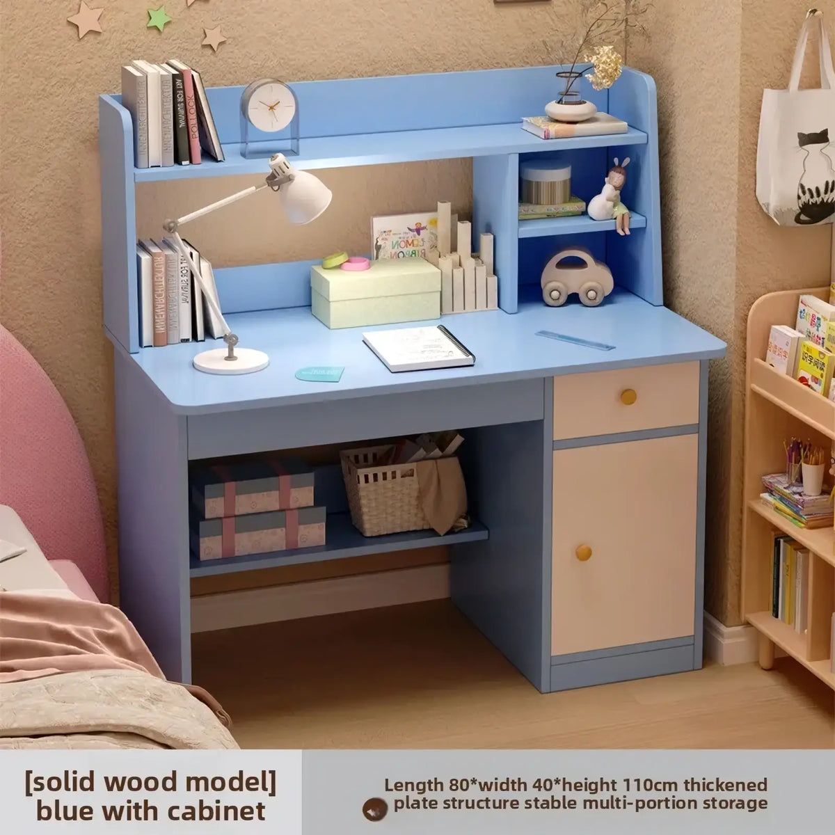 Modern wood student computer desk in blue and beige solid wood with built-in cabinet shelves and drawers for storage