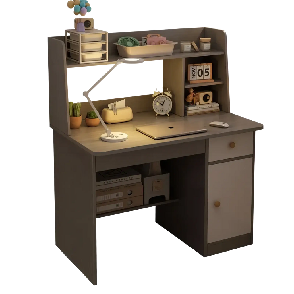 Modern gray wood student computer desk with built-in shelf and drawers featuring a sleek minimalist design