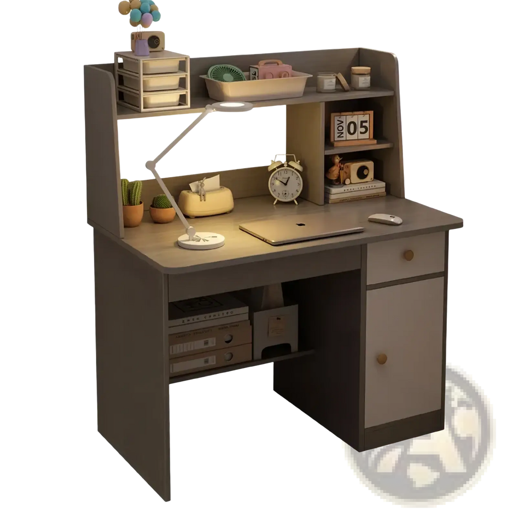 Modern gray wood student computer desk with built-in shelf and drawers featuring a sleek minimalist design