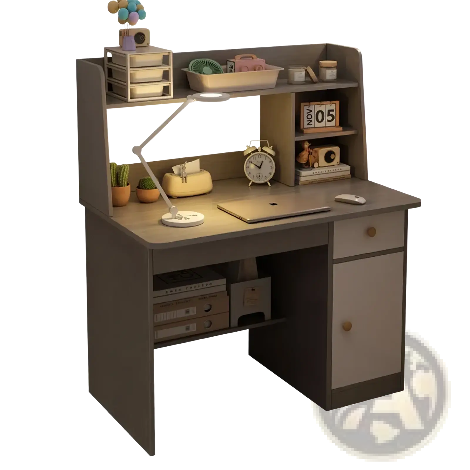 Modern gray wood student computer desk with built-in shelf and drawers featuring a sleek minimalist design