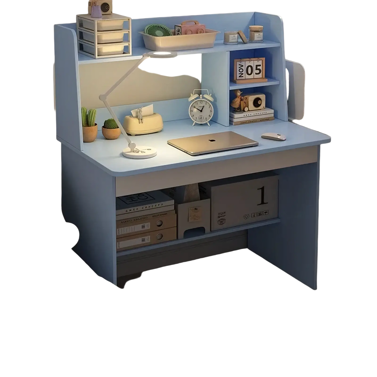 Light blue modern wood student computer desk with built-in shelves and drawer unit for study organization
