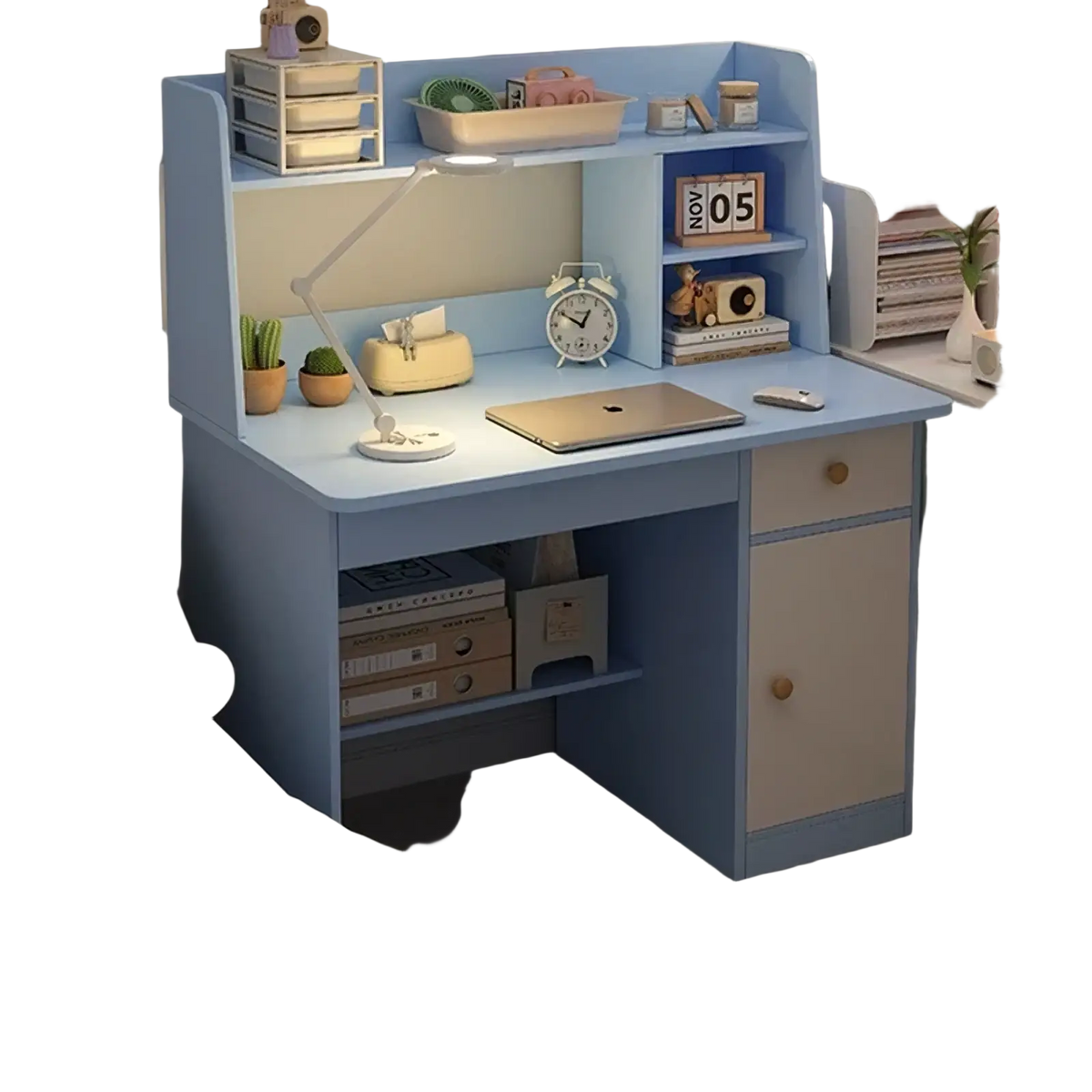 Modern wood student computer desk in light blue and white with integrated shelves drawers and built-in lamp for study use