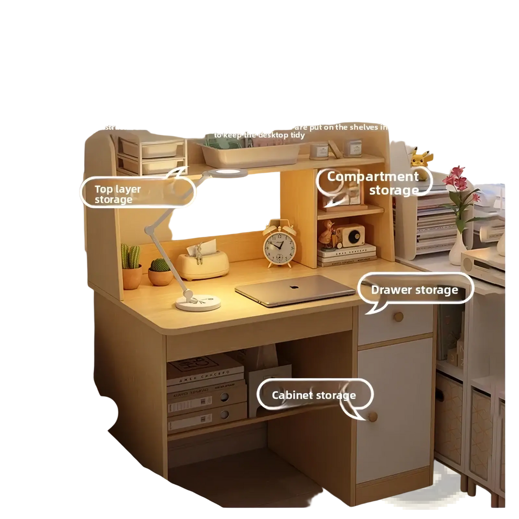 Modern wood student computer desk in light wood finish with multiple storage compartments and built-in lamp
