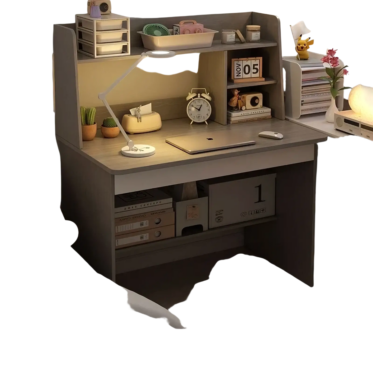 Modern wood student computer desk in morandi gray with integrated bookshelf shelving and built-in lamp for study use