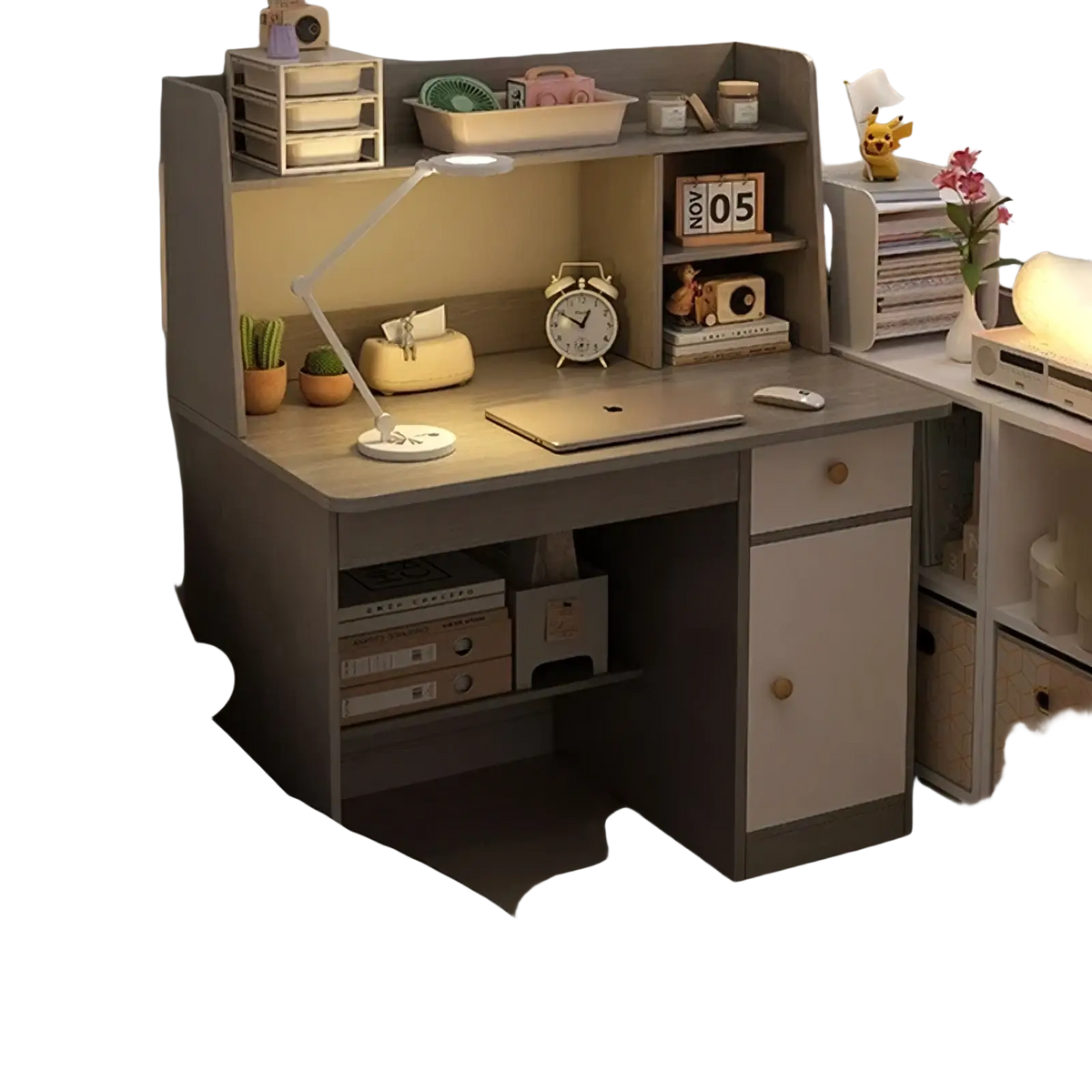 Modern wood student computer desk in morandi gray with integrated cabinet and shelving for organized study space
