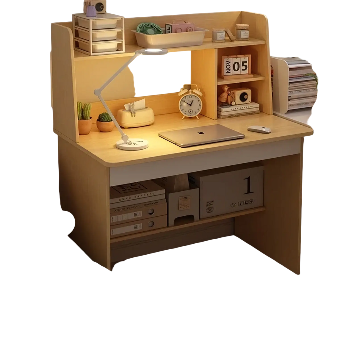 Modern wood student computer desk in pastoral oak with integrated bookshelf shelf and drawer compartments