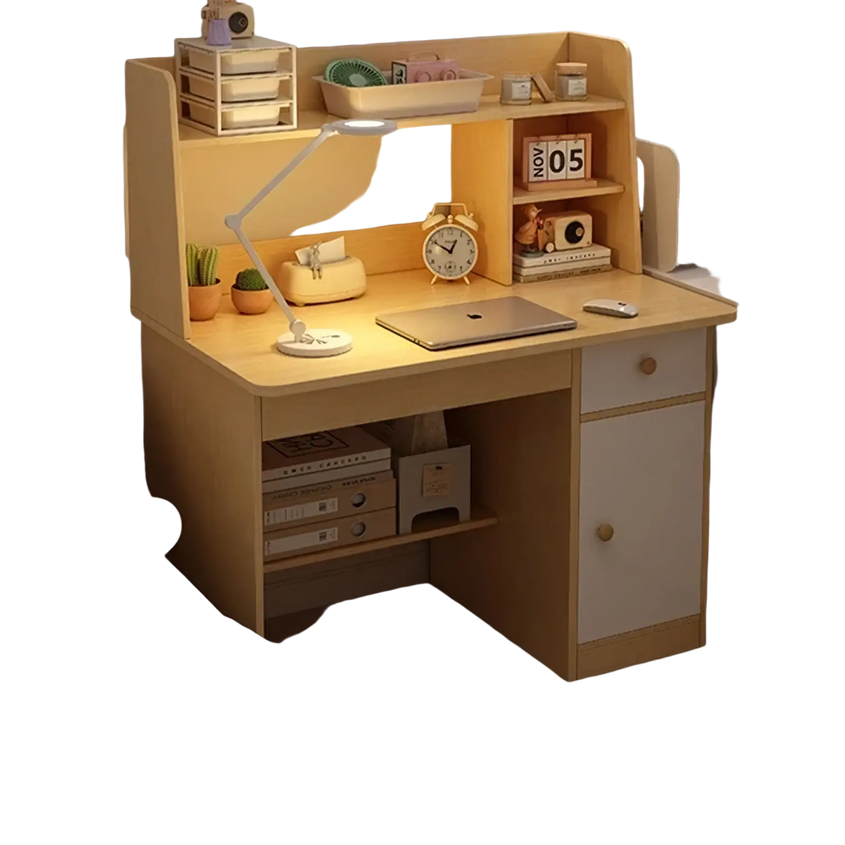 Modern wood student computer desk in pastoral oak with warm finish and integrated shelving drawers and under-storage compartments