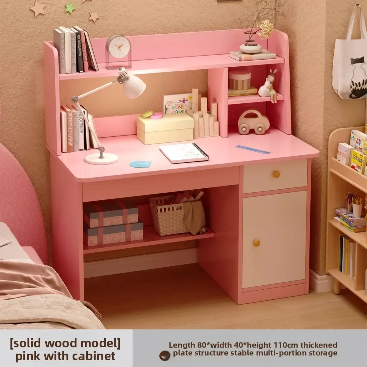 Modern wood student computer desk in pink solid wood with built-in shelf and drawer for multi-portion storage