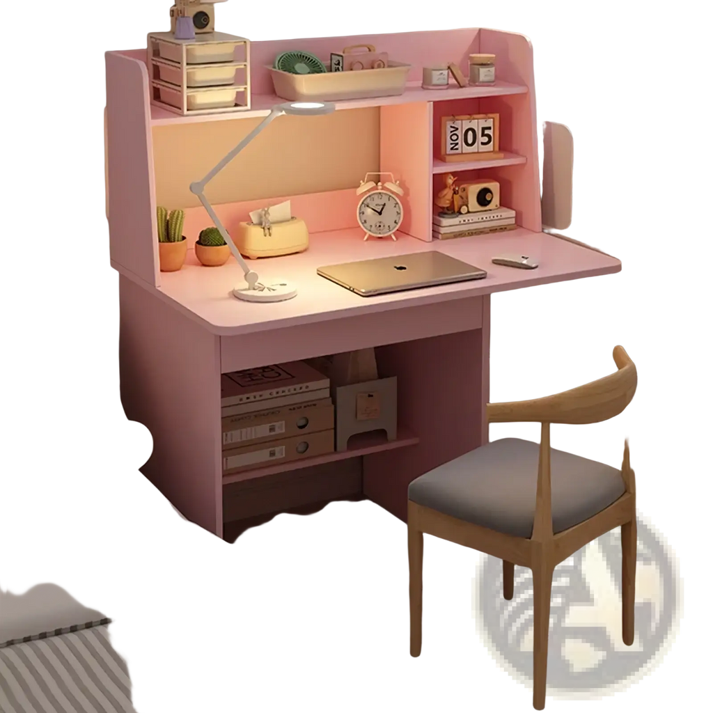 Modern wood student computer desk in pink with integrated shelving and drawers featuring a sleek design