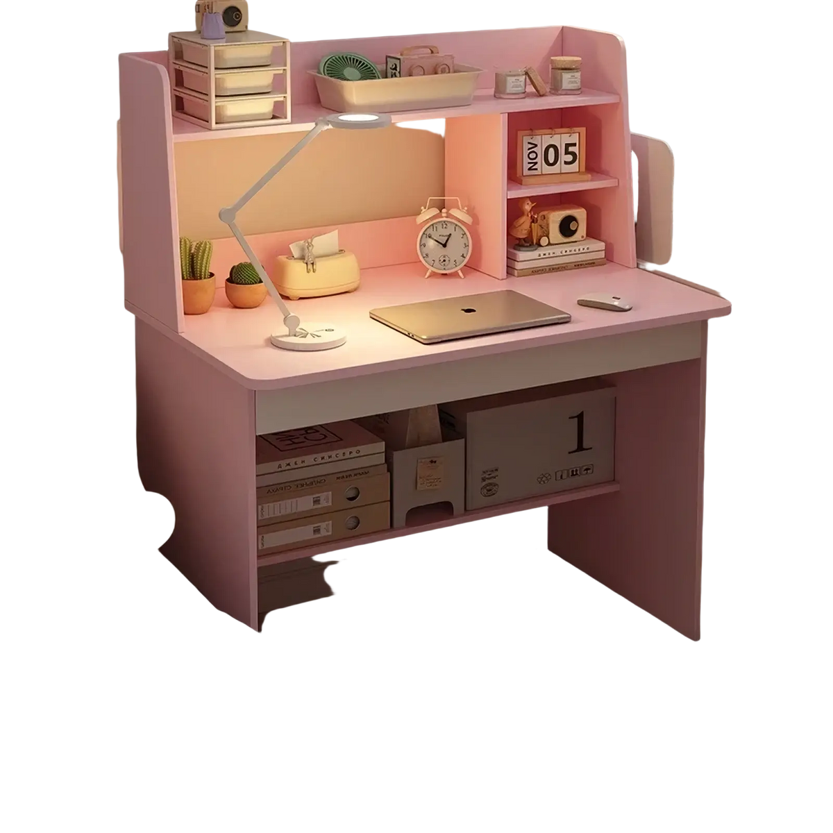 Modern wood student computer desk in pink with sleek design and integrated shelving for organized workspace storage