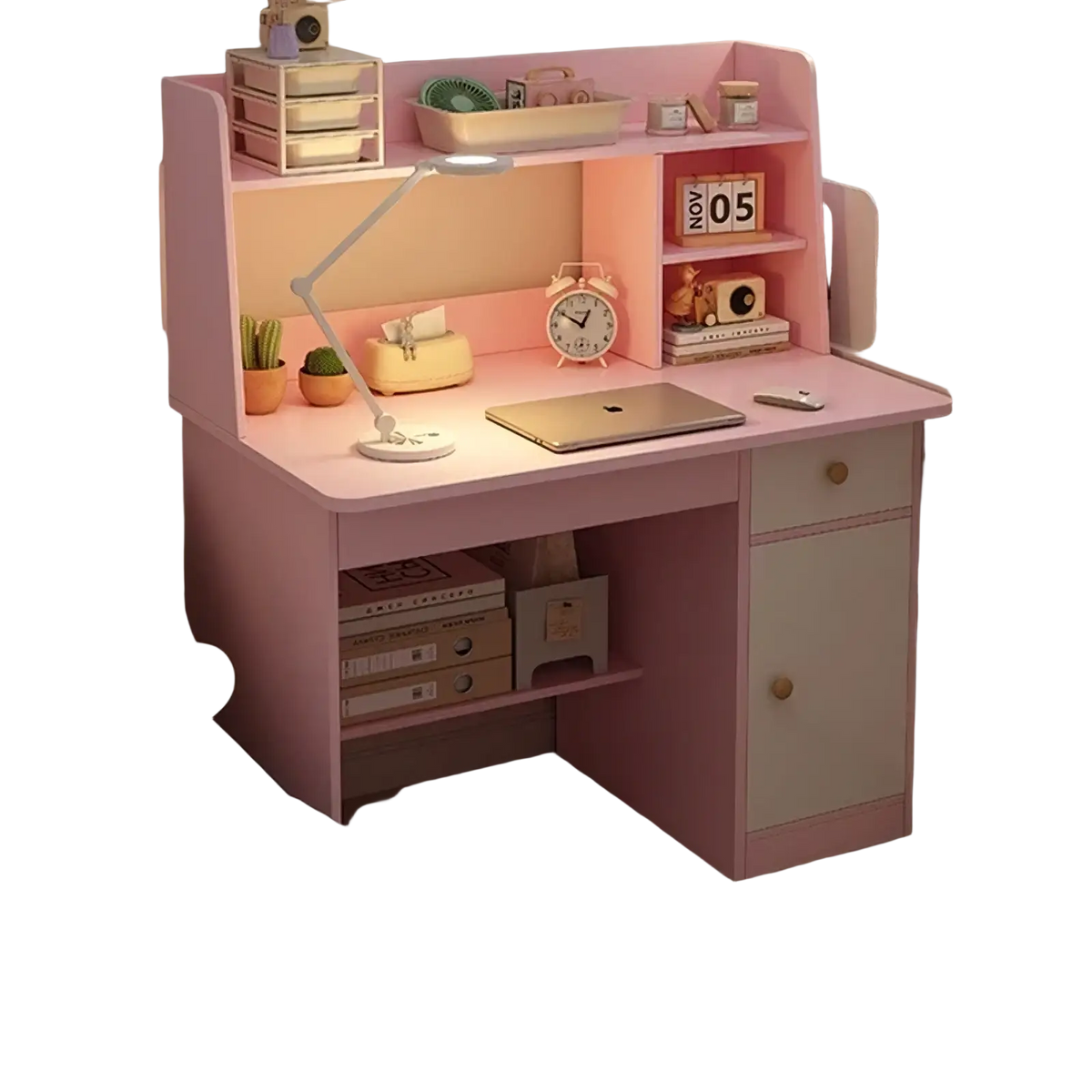 Modern wood student computer desk with integrated bookshelf featuring pink wooden finish and white drawer accents