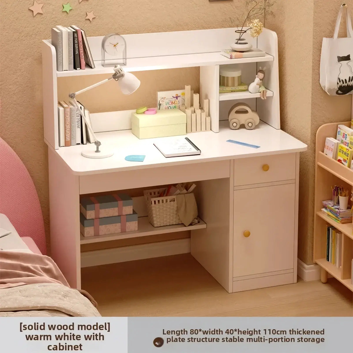 Warm white solid wood modern student computer desk with cabinet and integrated overhead bookshelf unit