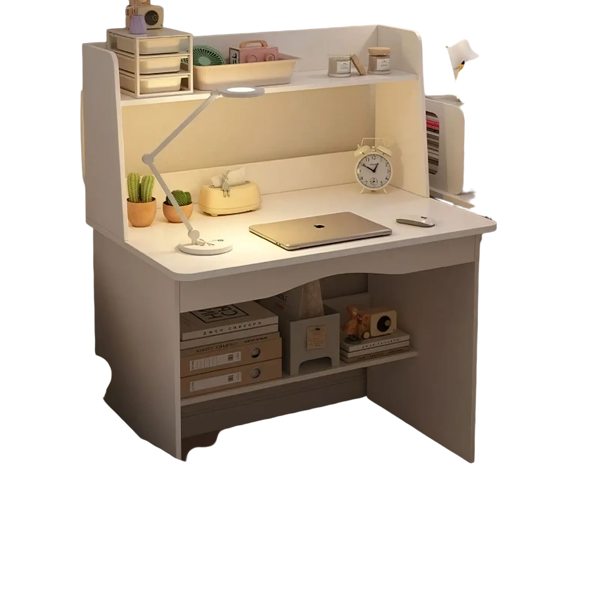 Modern wood student computer desk in warm white with minimalist design and integrated bookshelf for efficient study