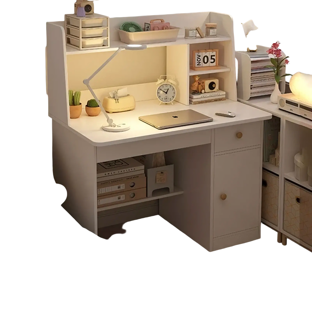 Modern wood student computer desk in warm white with integrated shelving and drawers featuring a sleek design