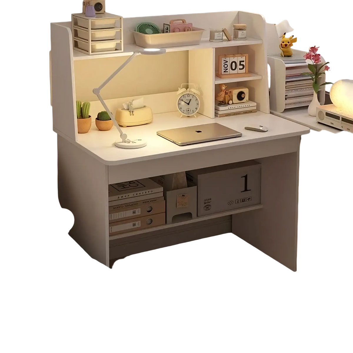 Modern wood student computer desk in white wood with integrated bookshelf and built-in lamp for study use