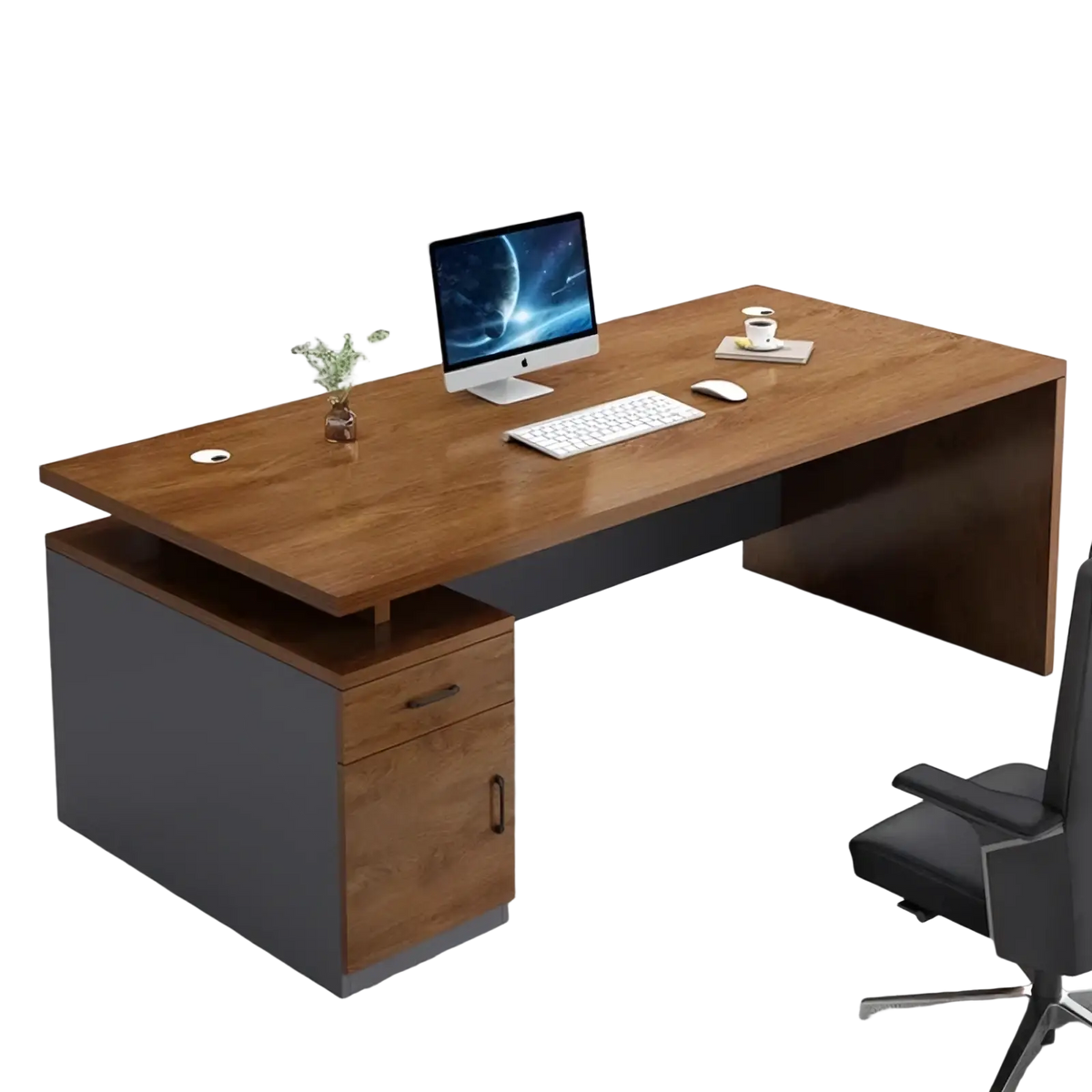 Modern wooden office desk with dark gray base and integrated storage drawer featuring natural wood grain and metal accents
