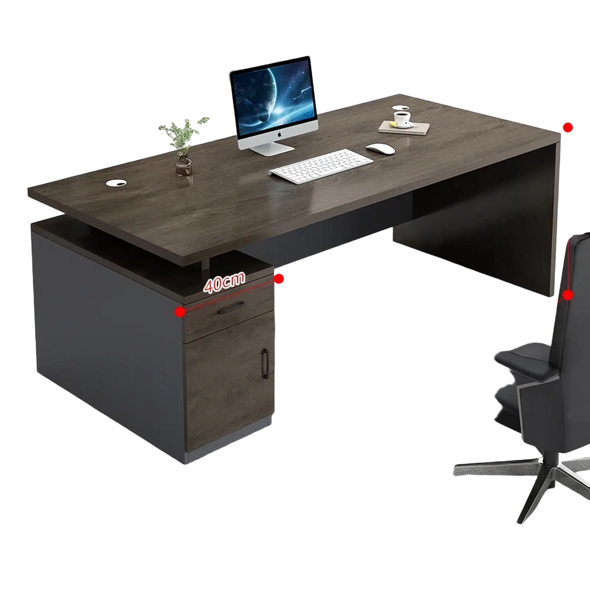 Modern wooden office desk with dark wood grain top gray metal base and integrated storage drawers for organization