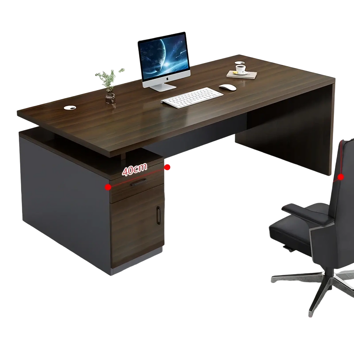 Modern wooden office desk with storage drawers in royal peach wood finish and dark gray metal frame for workspace organization