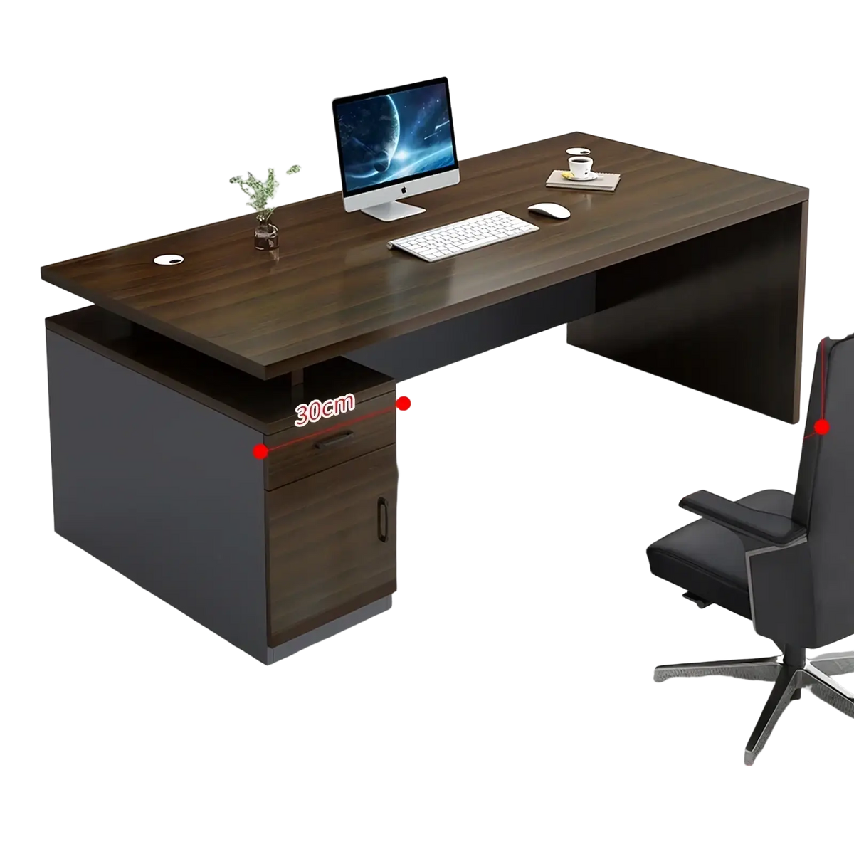 Modern wooden office desk with storage drawers featuring a dark brown wood grain top and gray metal base