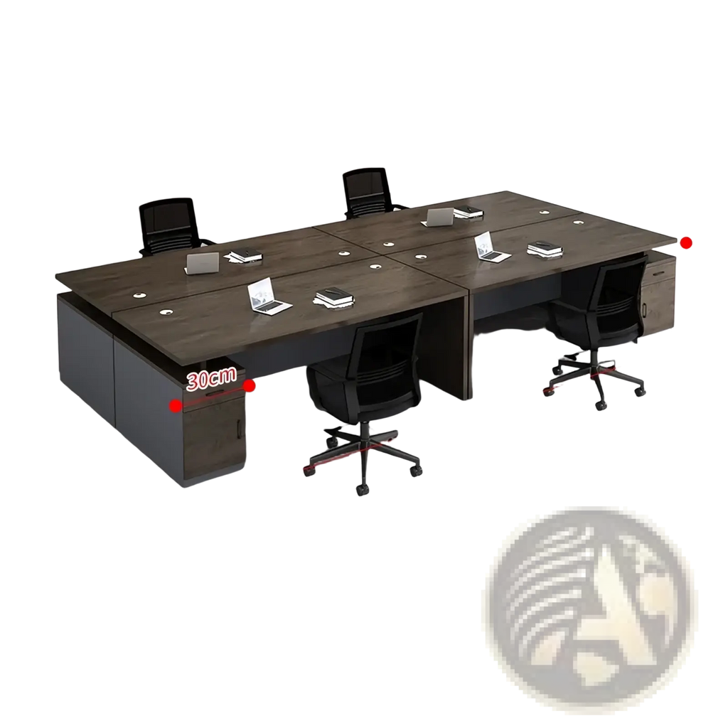 Modern wooden office desk with storage drawers featuring dark wood grain and a sleek minimalist design