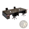 Modern wooden office desk with storage drawers featuring dark wood grain and a sleek minimalist design