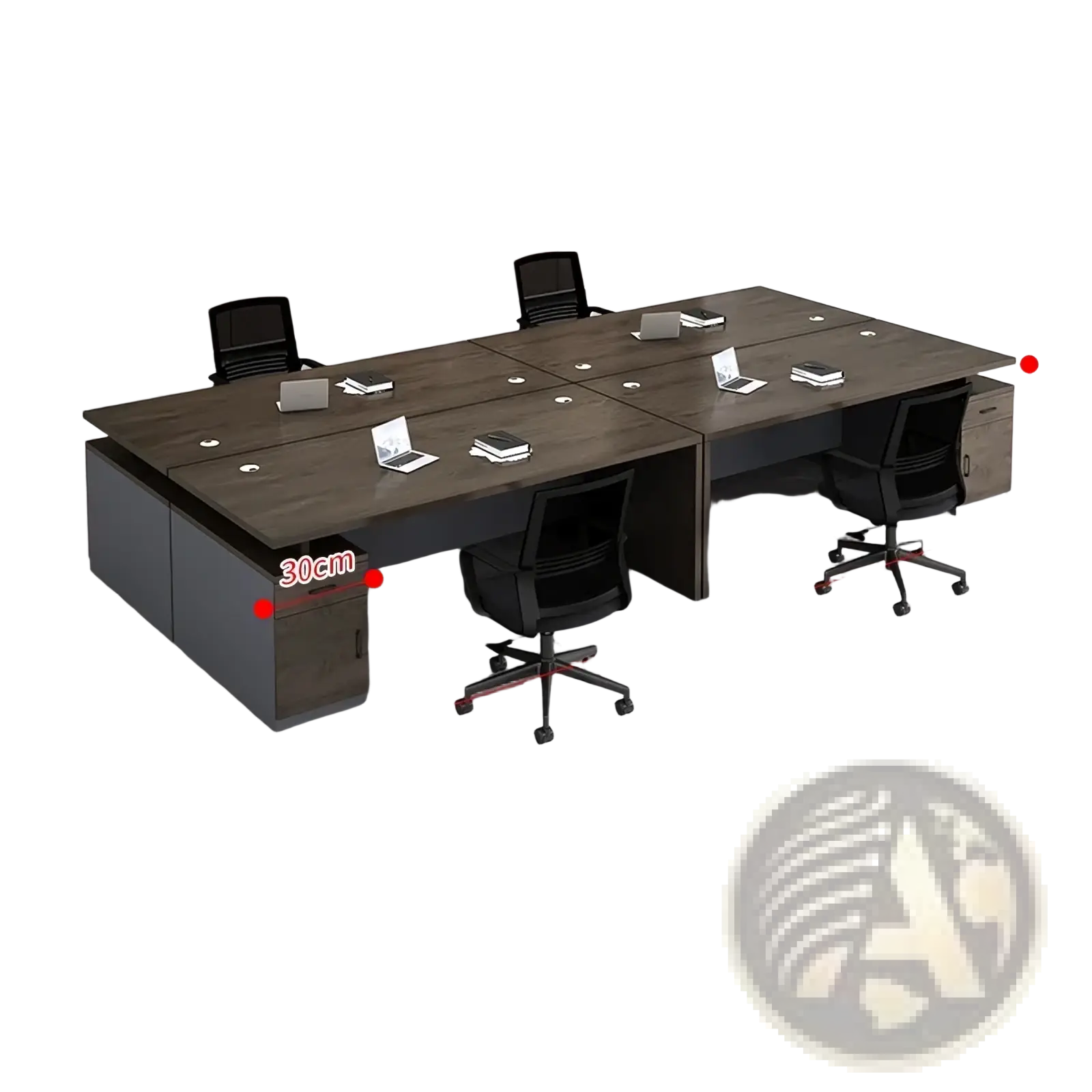 Modern wooden office desk with storage drawers featuring dark wood grain and a sleek minimalist design