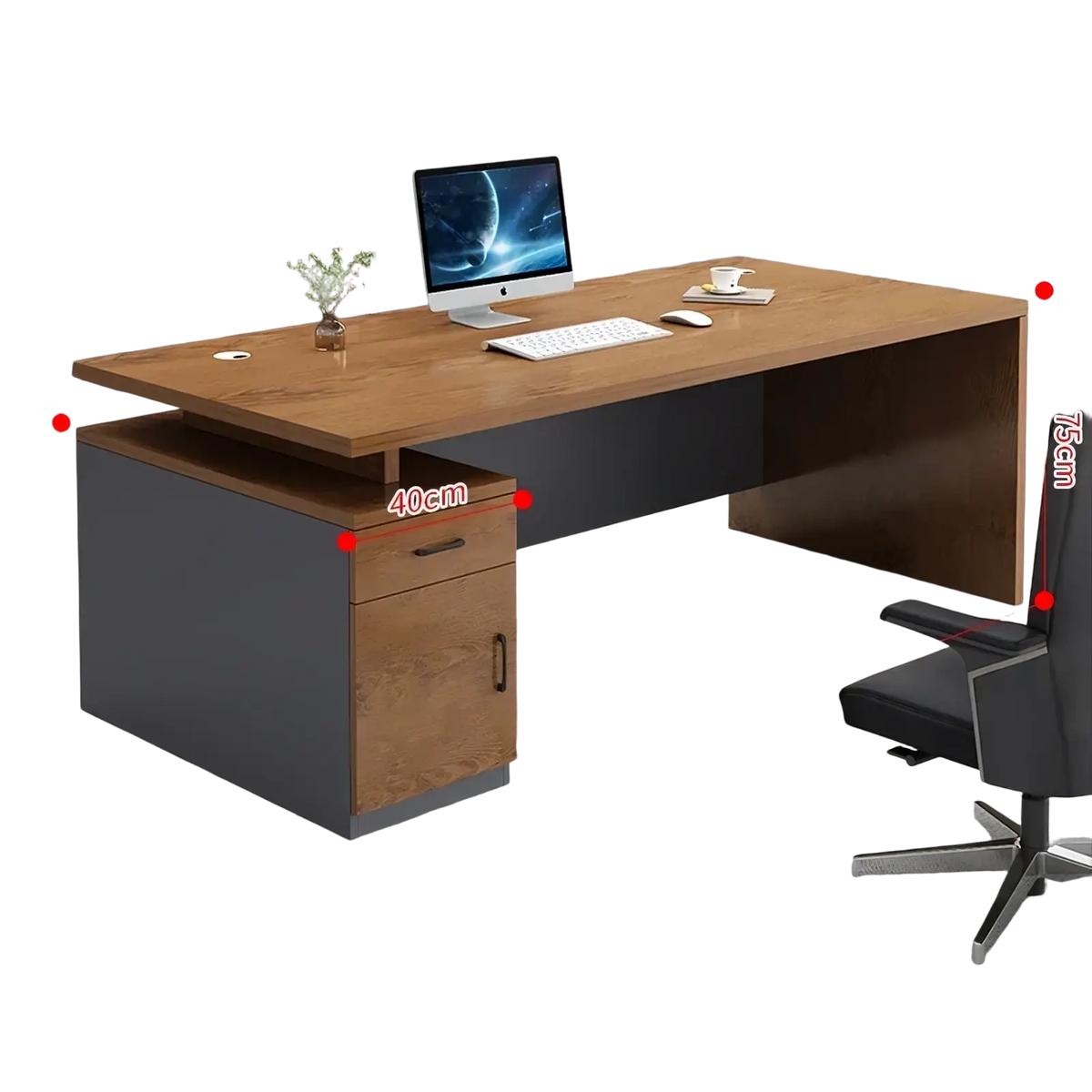Modern wooden office desk with warm walnut wood top, dark gray metal base, and integrated storage drawers
