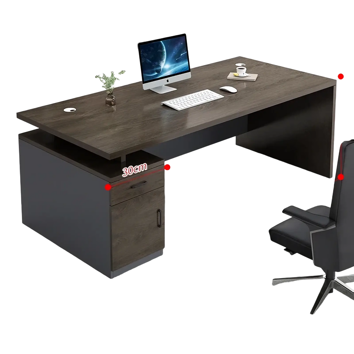 Modern wooden office desk with dark wood-grain top gray metal base and integrated storage drawers for organization