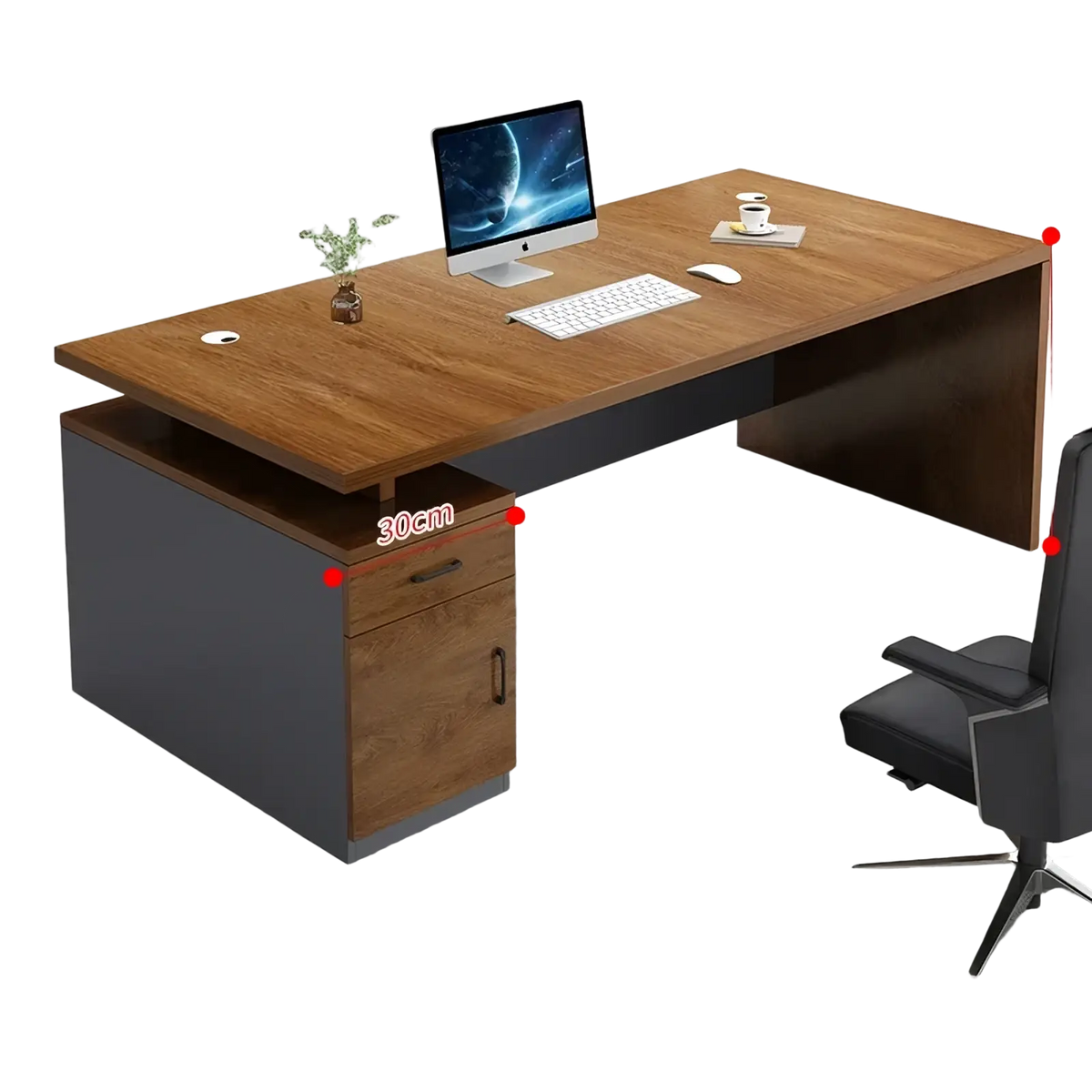 Modern wooden office desk with a wood-grain top gray base and integrated storage drawers for organization