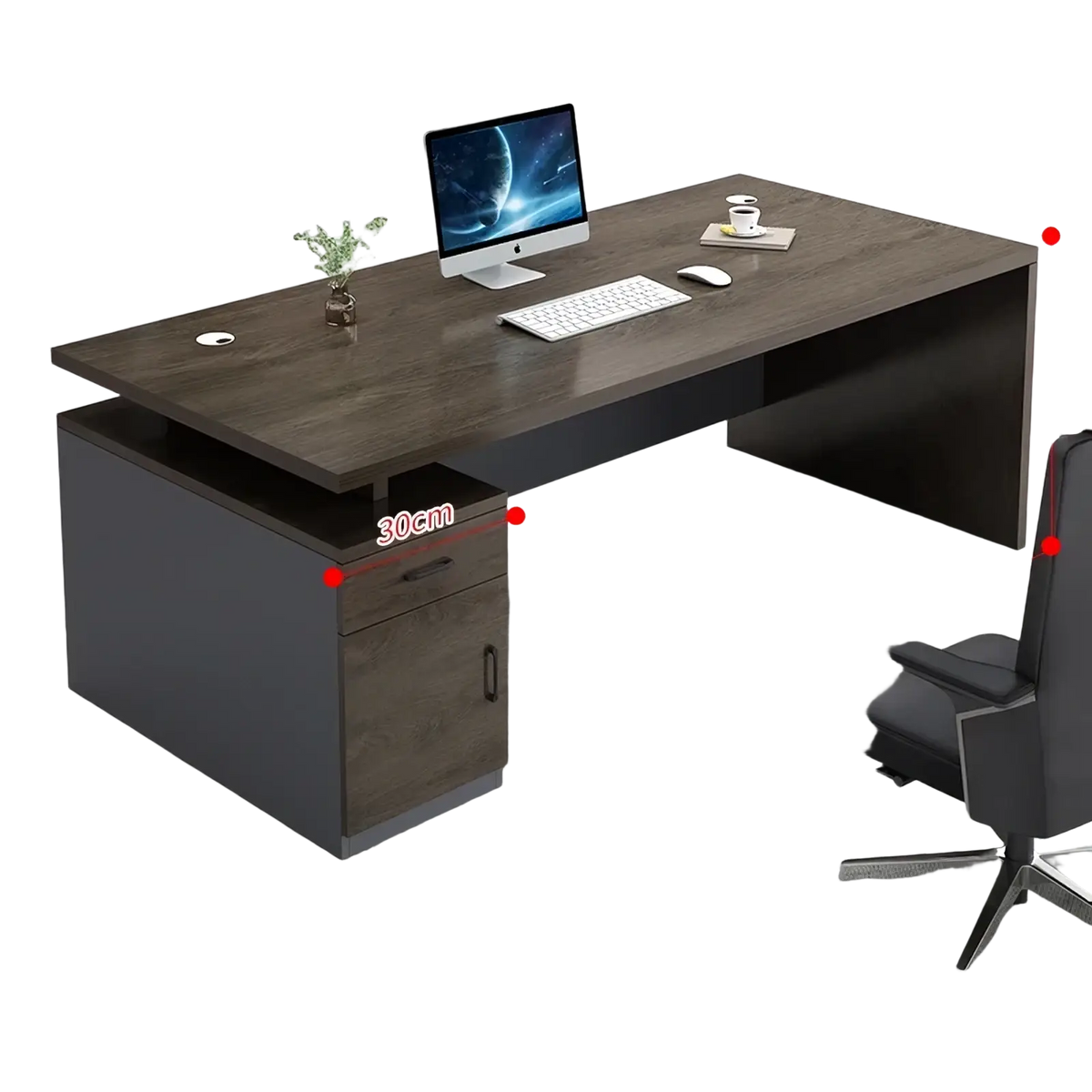 Modern wooden office desk with dark walnut wood top iron gray base and integrated storage drawers for organization