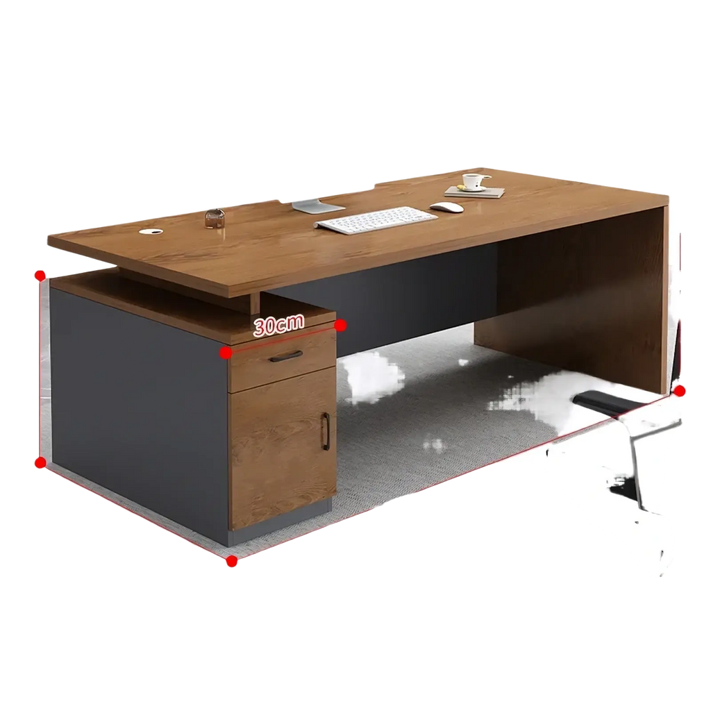 Modern wooden office desk with wood-grain top dark gray base and two storage drawers on the left side