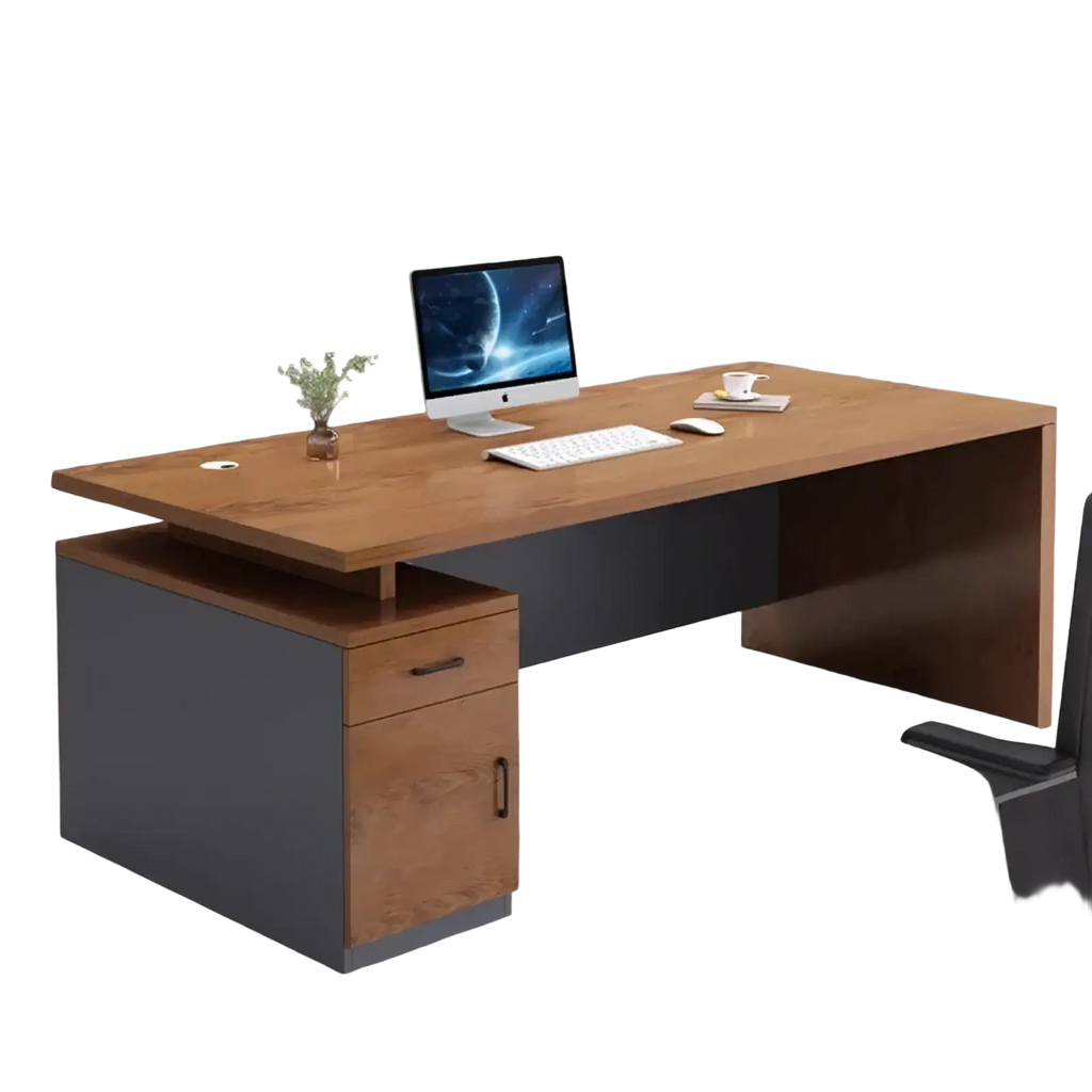 Modern wooden office desk with dark gray base and matching drawer fronts featuring sleek metal handles