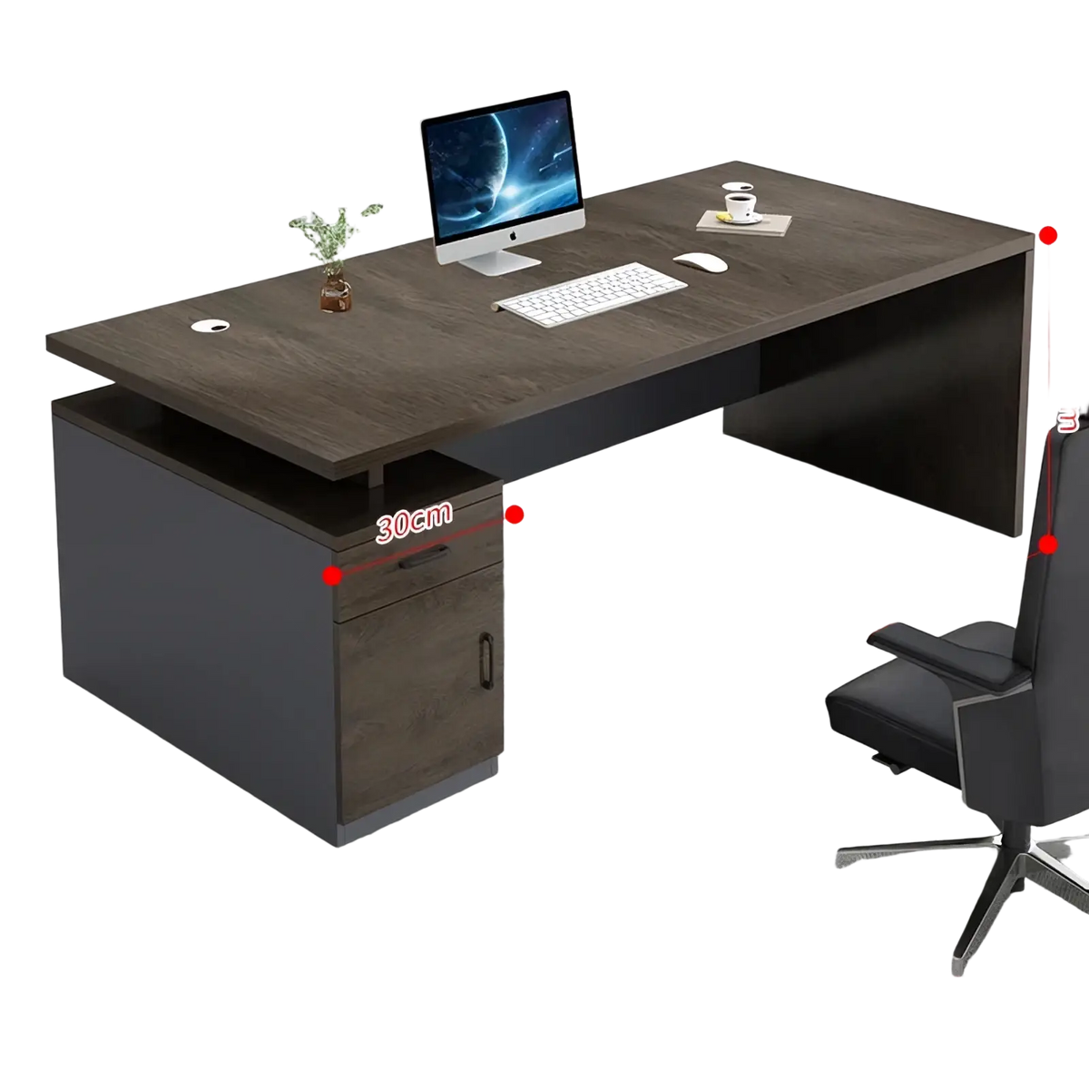 Modern wooden office desk with dark wood grain top gray metal base and integrated storage drawers for organization