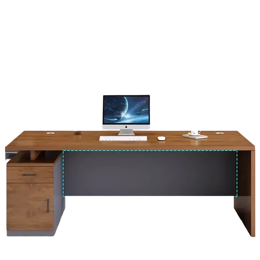 Modern wooden office desk with storage drawers featuring a dark gray lower panel and matching drawer unit