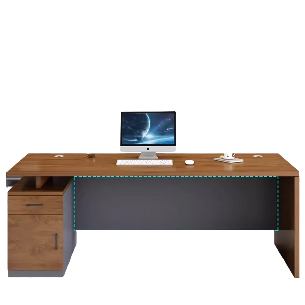 Modern wooden office desk with storage drawers featuring a dark gray lower panel and matching drawer unit