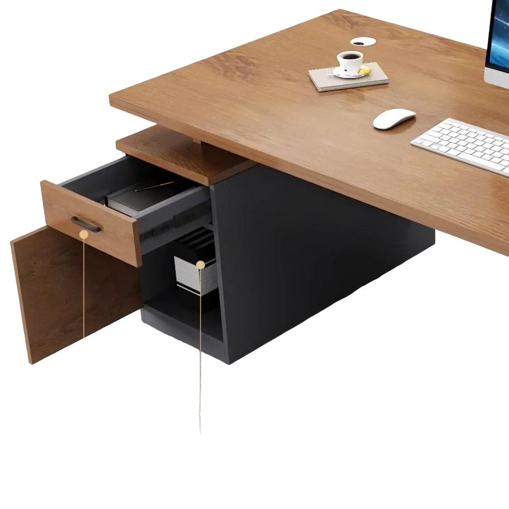 Modern wooden office desk with sleek black base and integrated storage drawers for efficient workspace organization