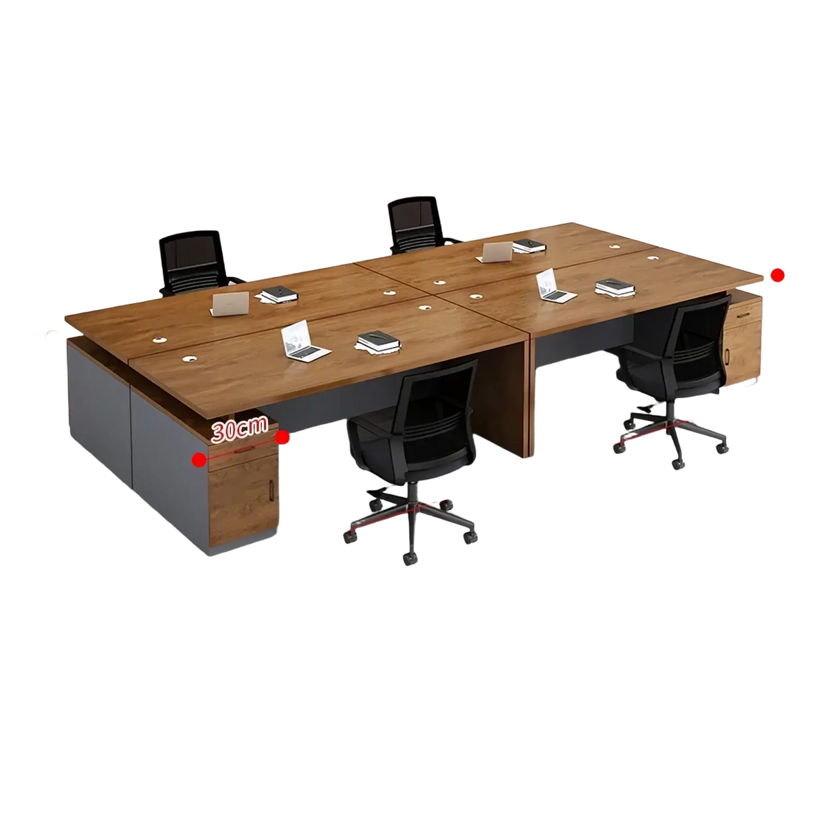 Modern wooden office desk with wood grain top gray metal frame and built in storage drawers for organization