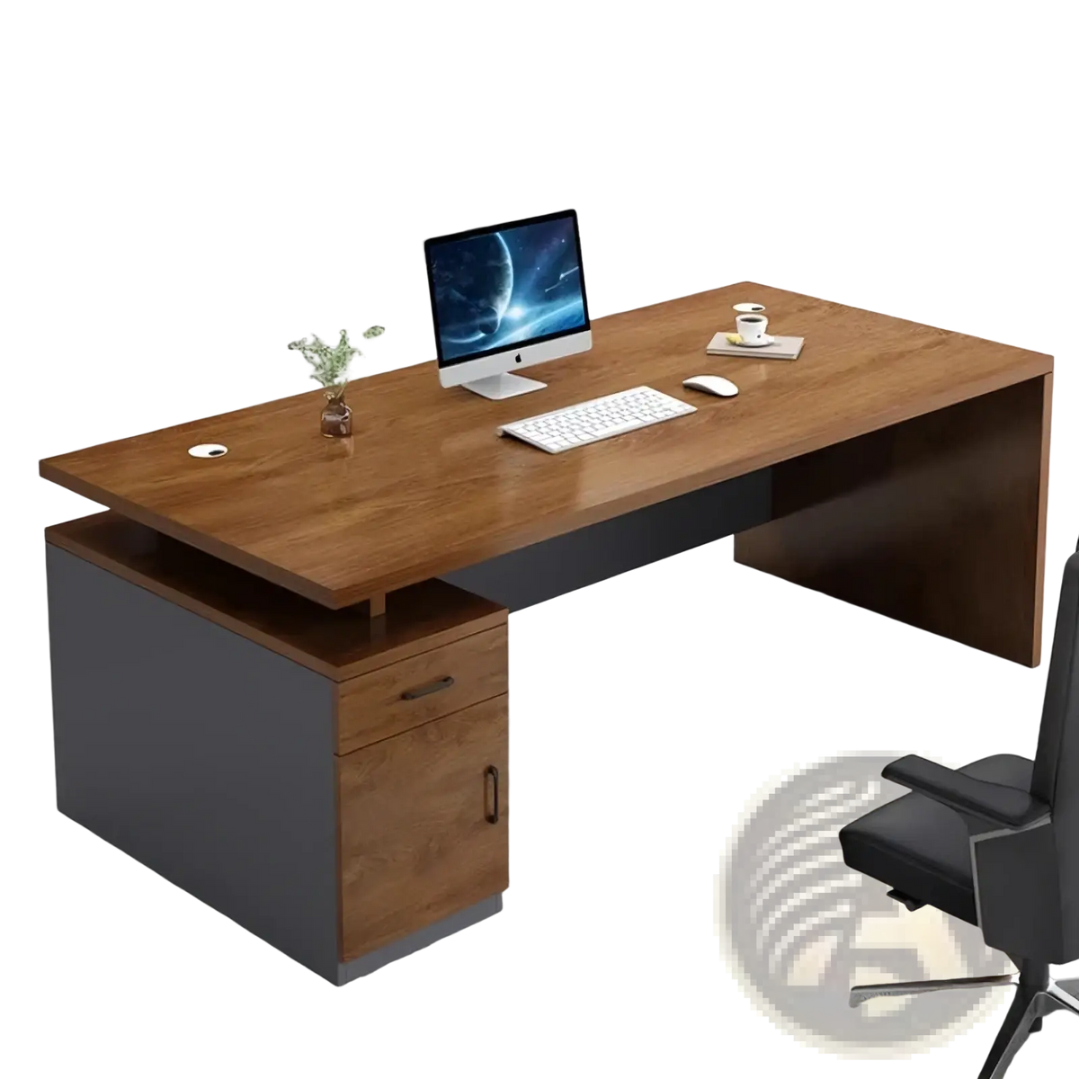 Modern wooden office desk with dark gray base and integrated storage drawer featuring natural wood grain and metal accents