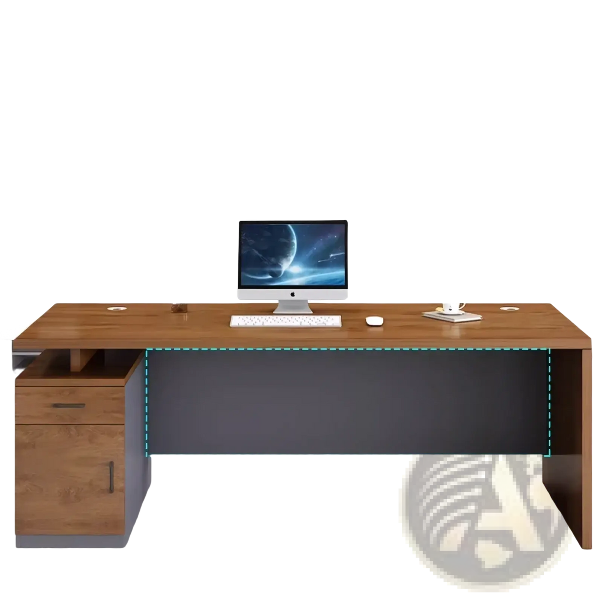 Modern wooden office desk with storage drawers featuring a dark gray lower panel and matching drawer unit