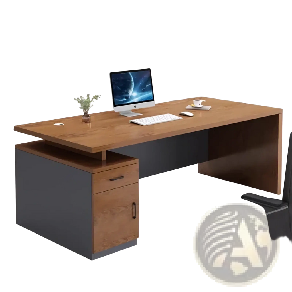 Modern wooden office desk with dark gray base and matching drawer fronts featuring sleek metal handles