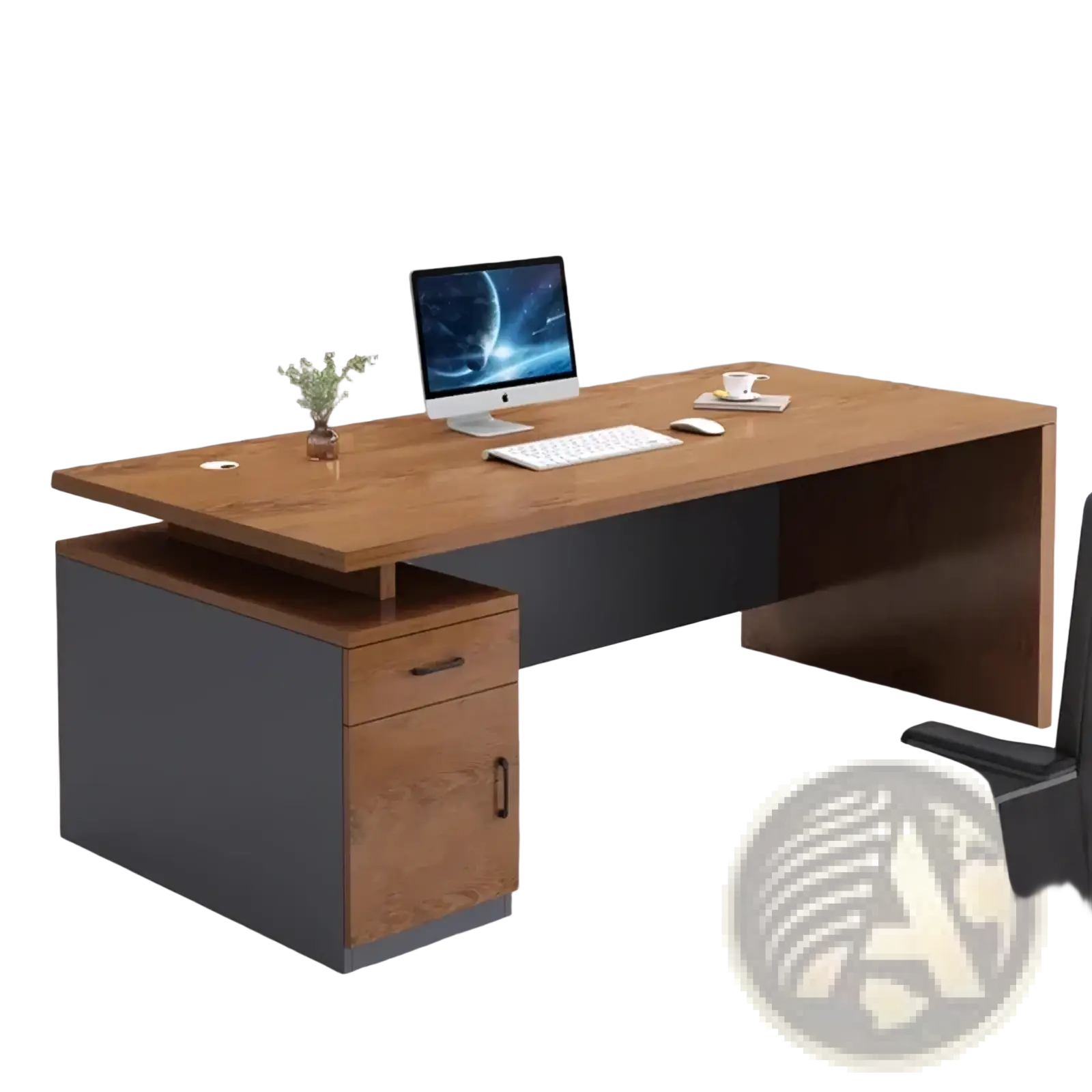 Modern wooden office desk with dark gray base and matching drawer fronts featuring sleek metal handles