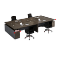 Modern wooden office desk with storage drawers featuring dark wood grain and a sleek minimalist design