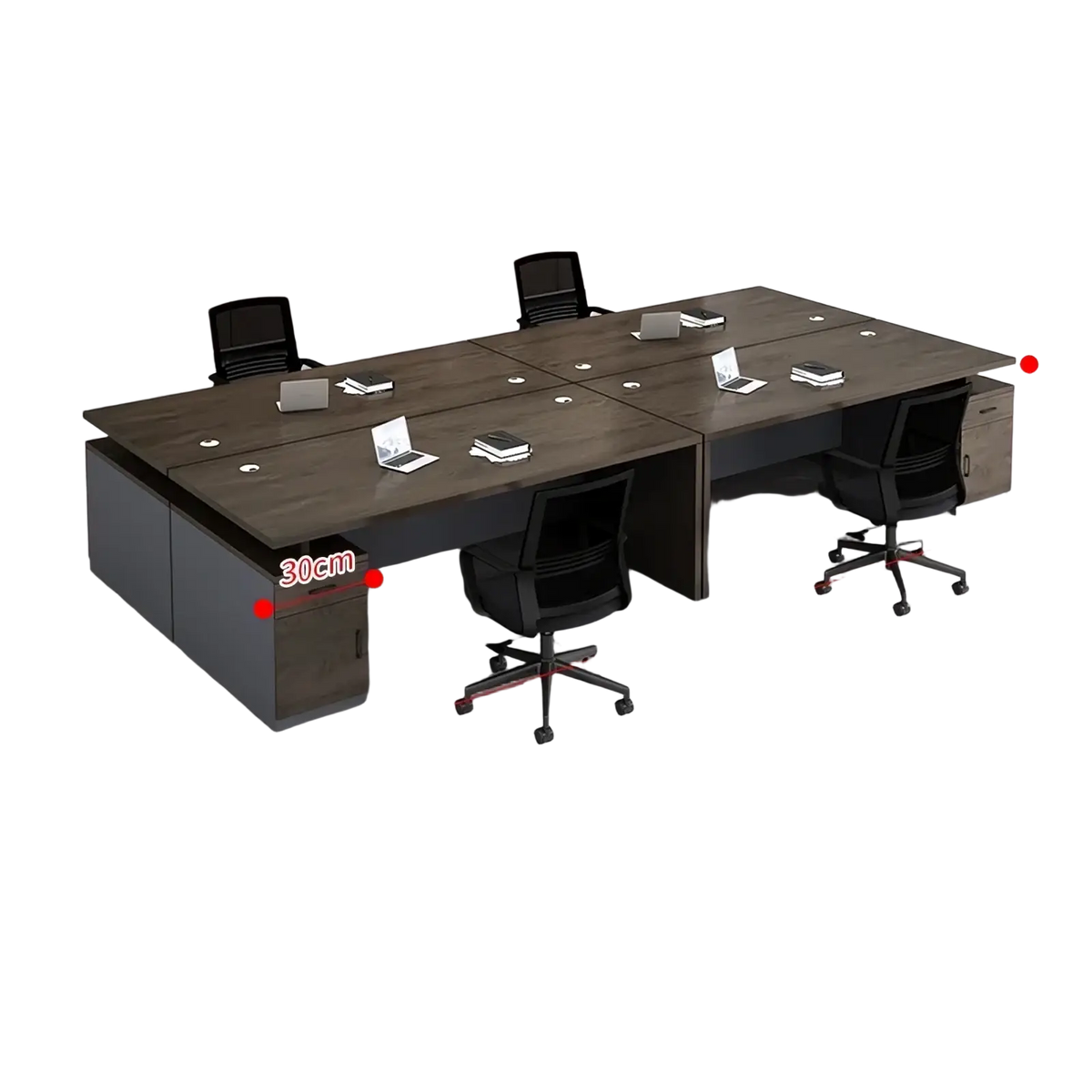 Modern wooden office desk with storage drawers featuring dark wood grain and a sleek minimalist design