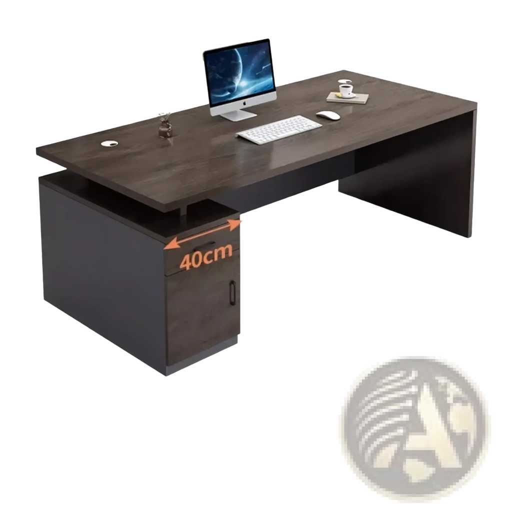 Modern wooden office desk with dark wood finish, minimalist design, and integrated storage drawers for organized workspace