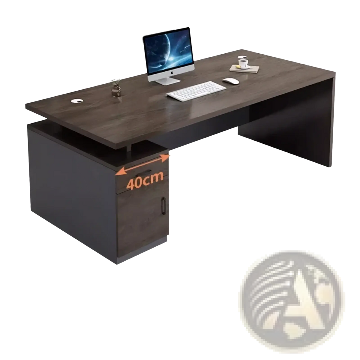Modern wooden office desk with dark wood finish, minimalist design, and integrated storage drawers for organized workspace