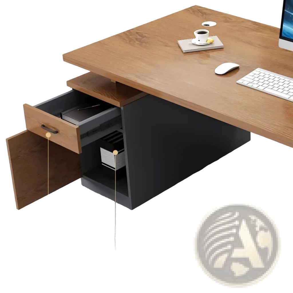 Modern wooden office desk with sleek black base and integrated storage drawers for efficient workspace organization