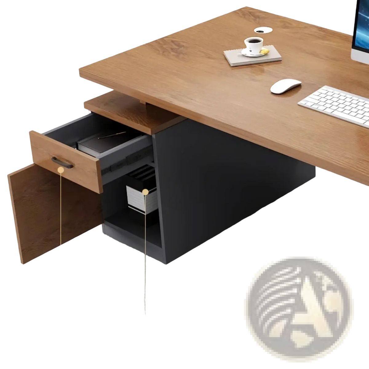 Modern wooden office desk with sleek black base and integrated storage drawers for efficient workspace organization